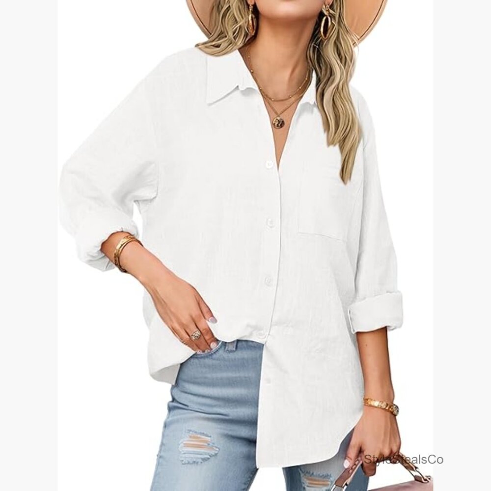 Cotton Gauze Button Down Shirt Long Sleeve Loose Fit Casual Blouse